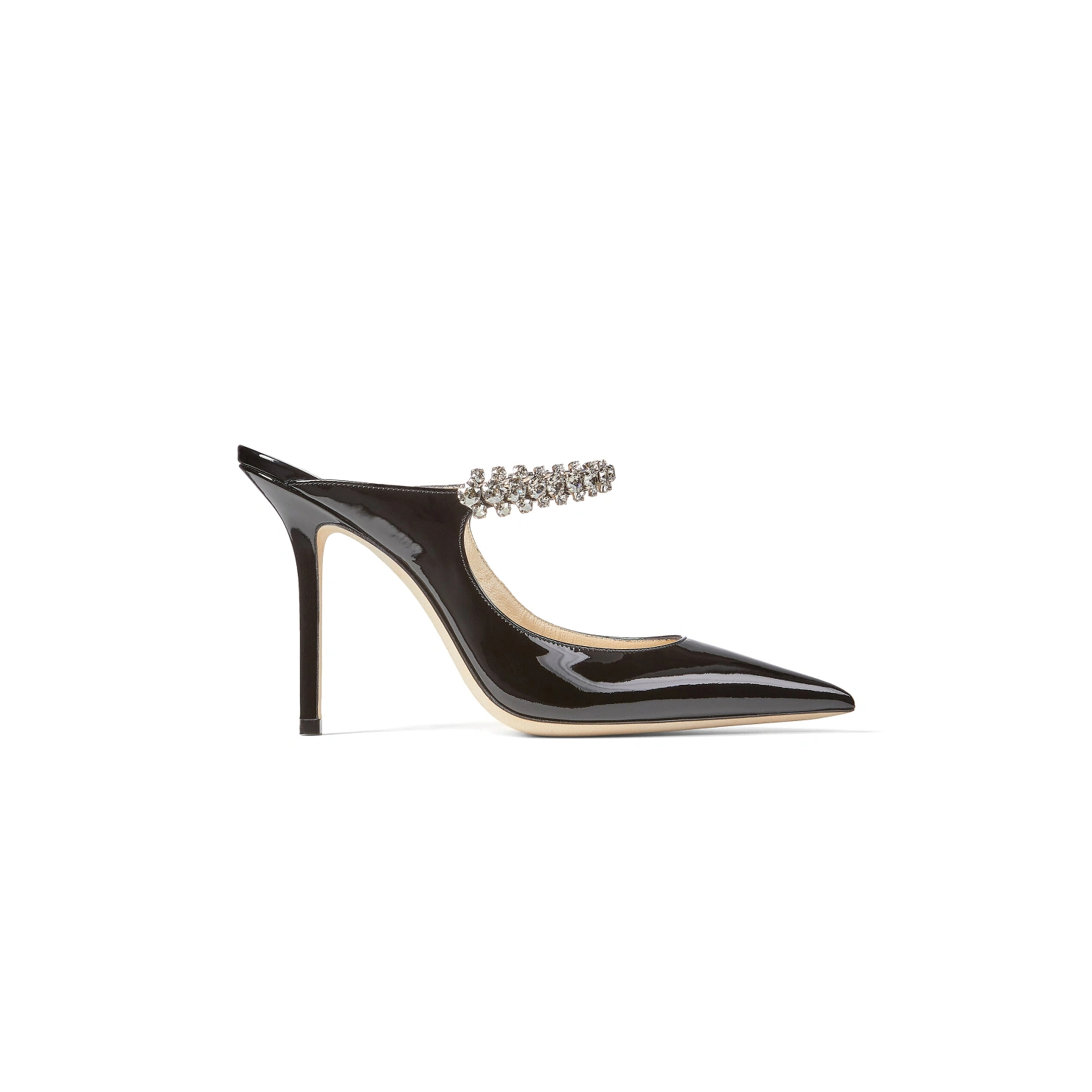 JIMMY CHOO BING 100 BLACK PATENT LEATHER MULES WITH CRYSTAL STRAP BING100PAT
